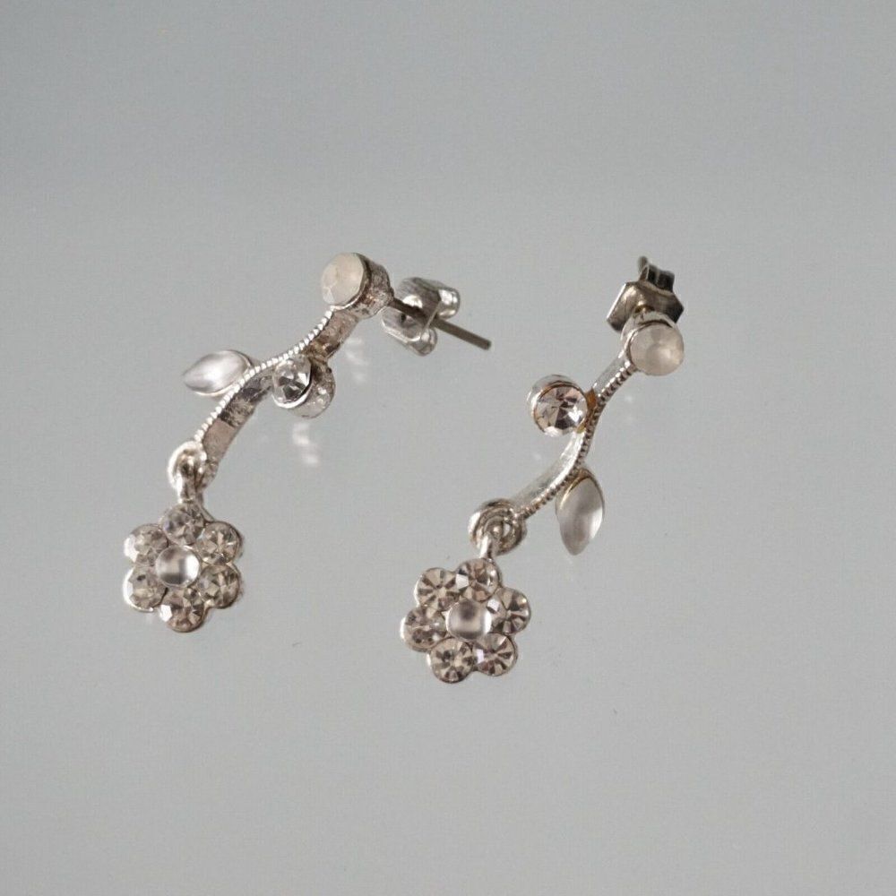 Vintage Crystal Vine Teardrop Flower Earrings Silvertone  Wedding Bridesmaid